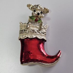 Vintage Gerry's Gold Tone Red Enamel Poodle Dog in Christmas Stocking Pin Brooch